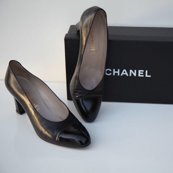 Chanel Beige and Black Cap Toe CC High Heel Mules - USA 9